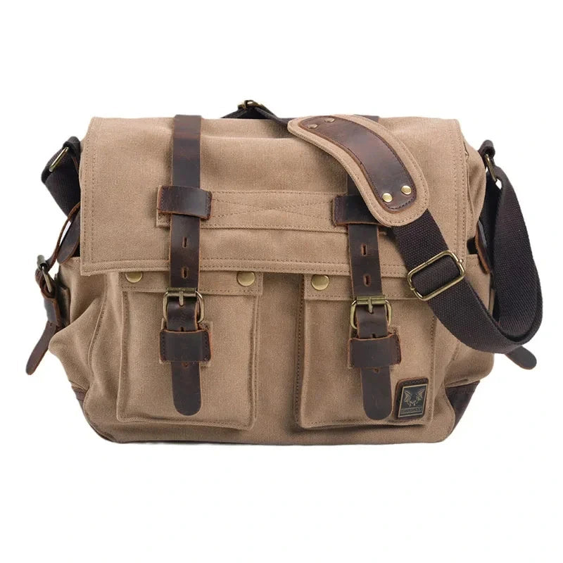 Men’s Canvas Messenger Bag - Crazy Horse Leather Trim - Khaki