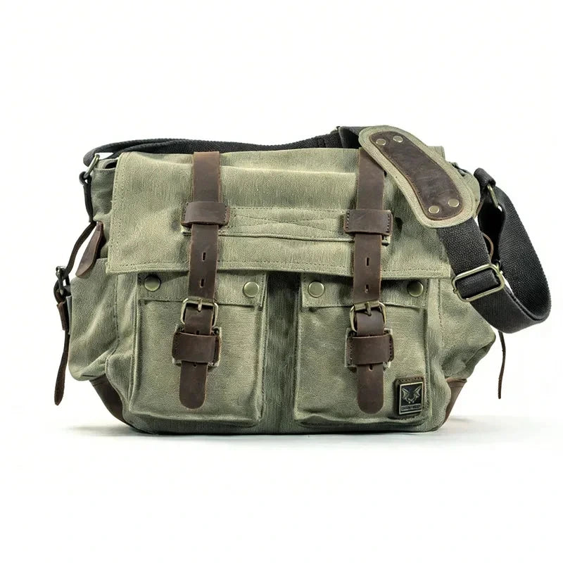 Men’s Canvas Messenger Bag - Crazy Horse Leather Trim - Olive