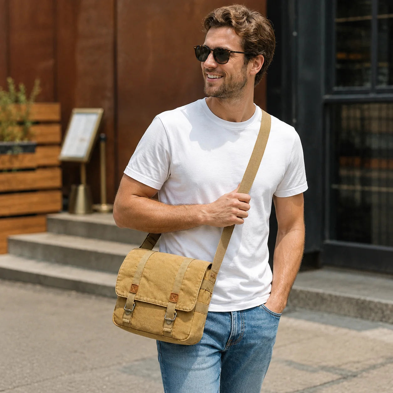 Men’s Canvas Messenger Bag - Double Buckle Flap Design