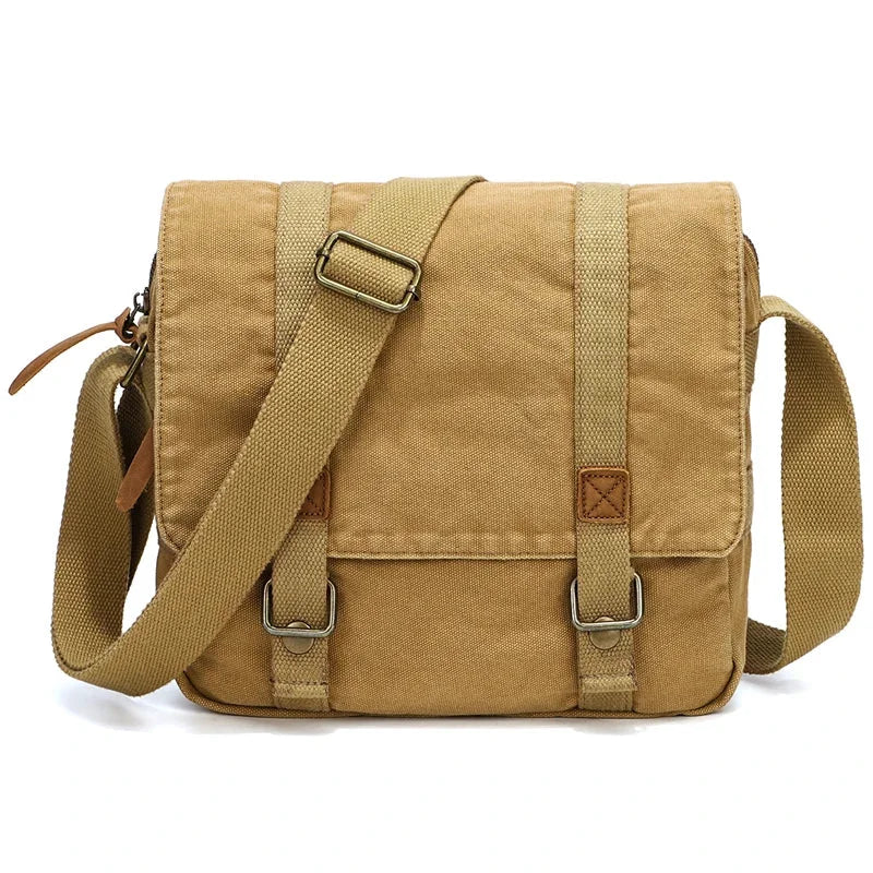 Men’s Canvas Messenger Bag - Double Buckle Flap Design - Khaki