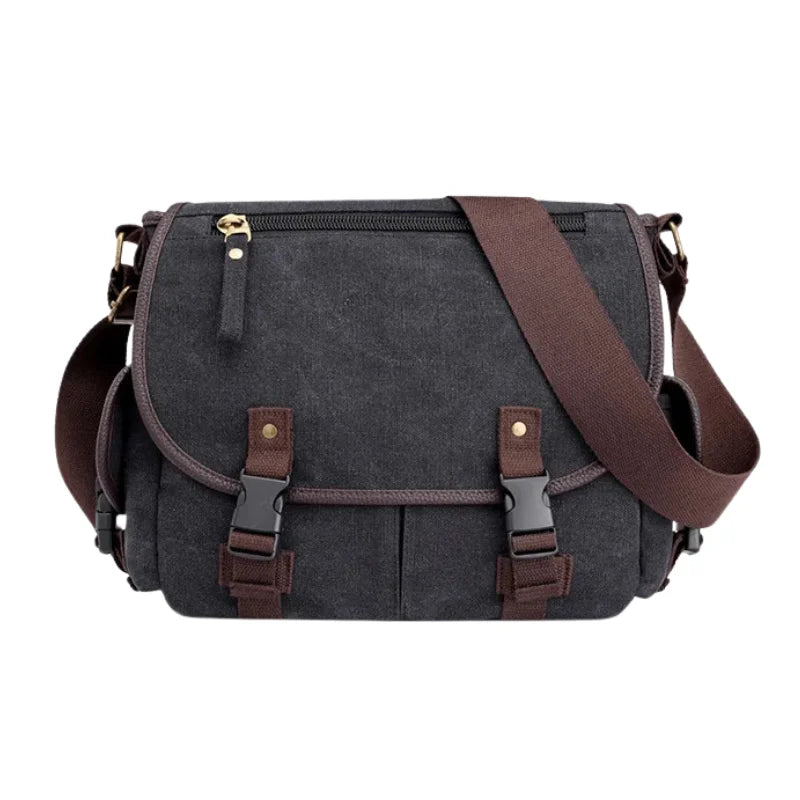 Men’s Canvas Messenger Bag - Dual Buckle Flap Crossbody Bag - Black