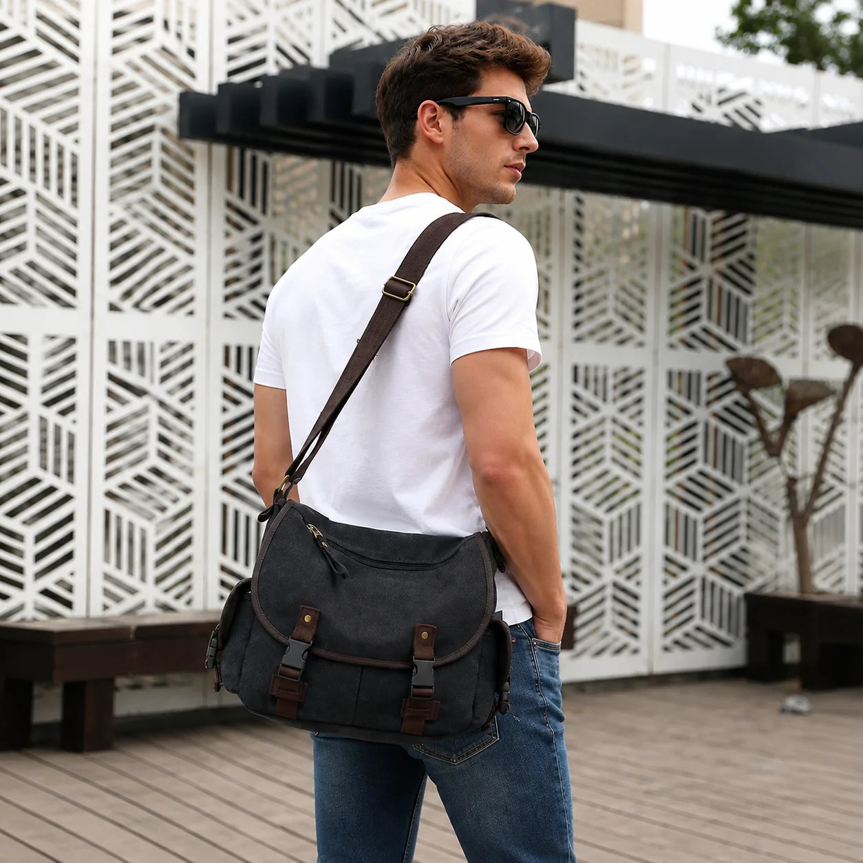 Men’s Canvas Messenger Bag - Dual Buckle Flap Crossbody Bag