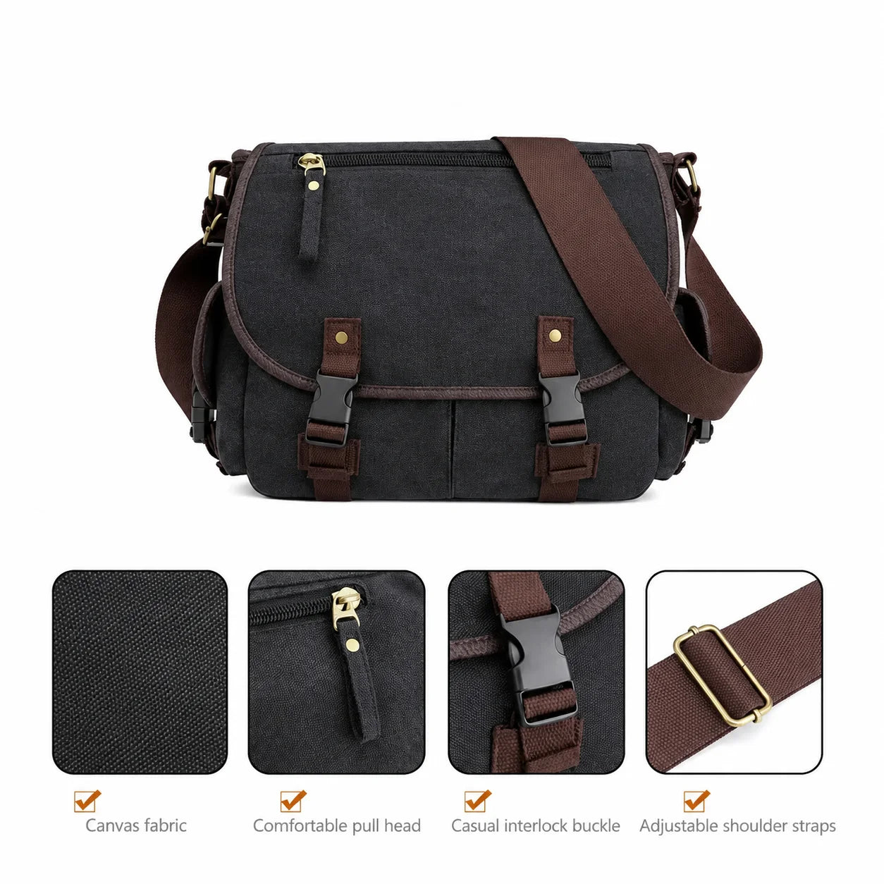Men’s Canvas Messenger Bag - Dual Buckle Flap Crossbody Bag