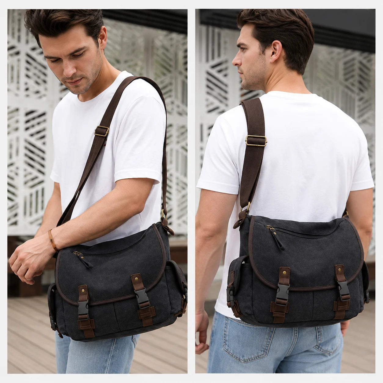 Men’s Canvas Messenger Bag - Dual Buckle Flap Crossbody Bag