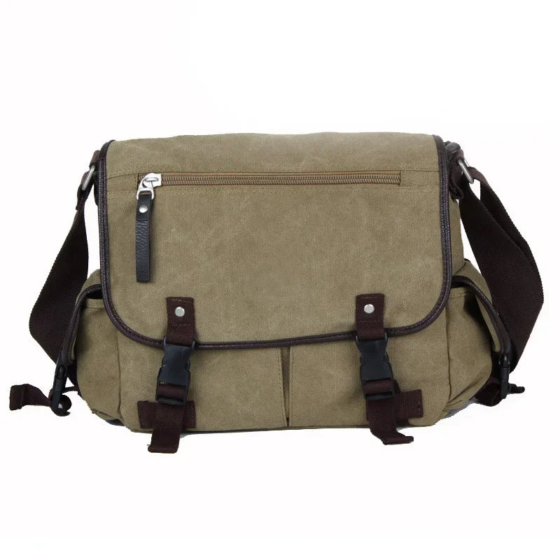 Men’s Canvas Messenger Bag - Dual Buckle Flap Crossbody Bag - Khaki