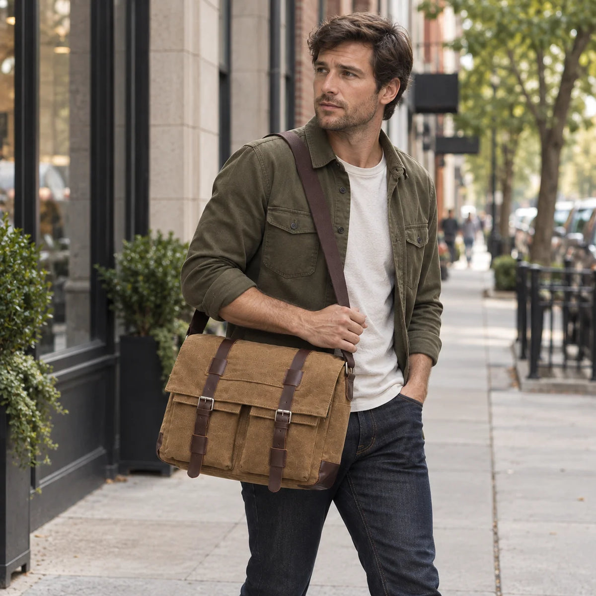 Men’s Canvas Messenger Bag - Dual Buckle Flap Work Bag