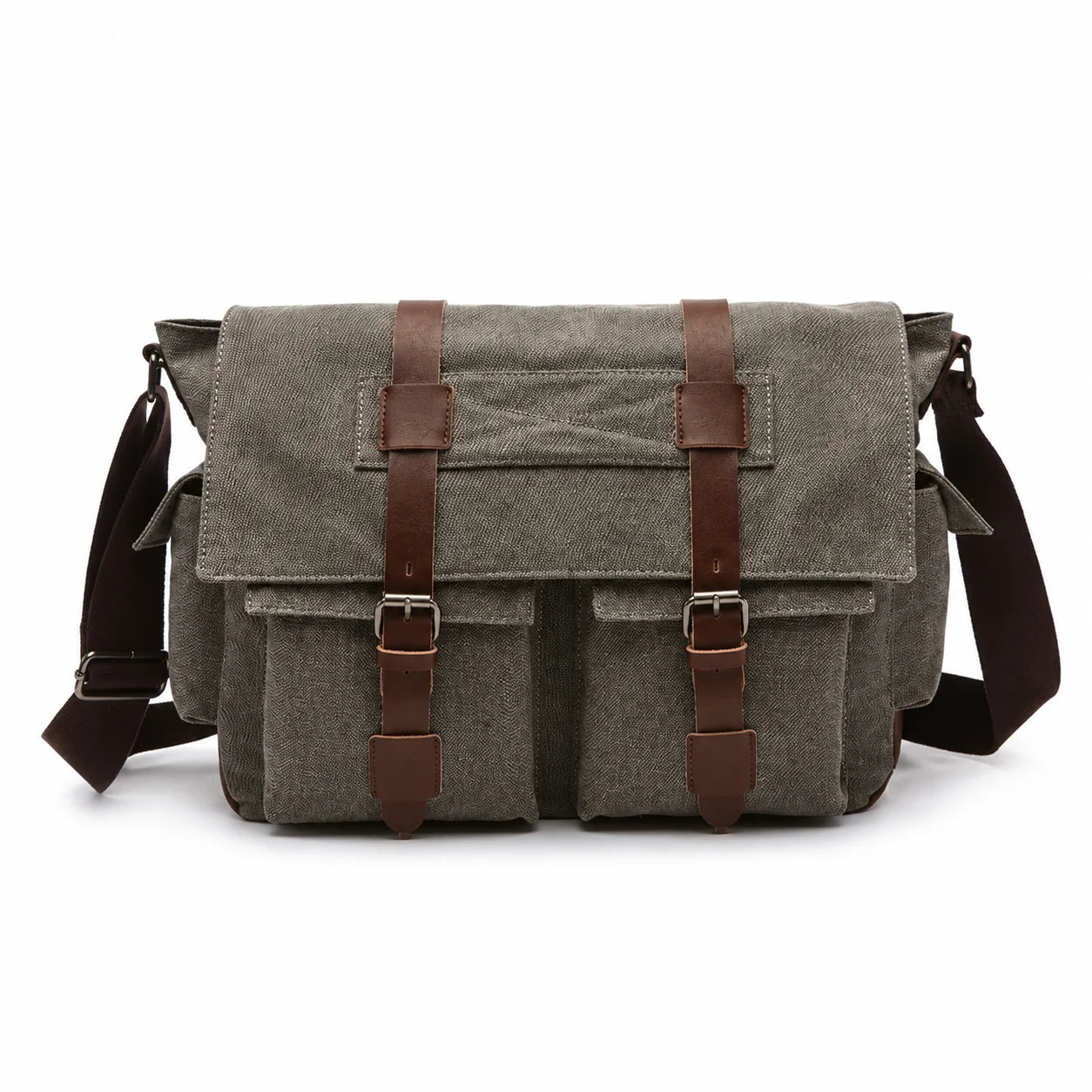 Men’s Canvas Messenger Bag - Dual Buckle Flap Work Bag