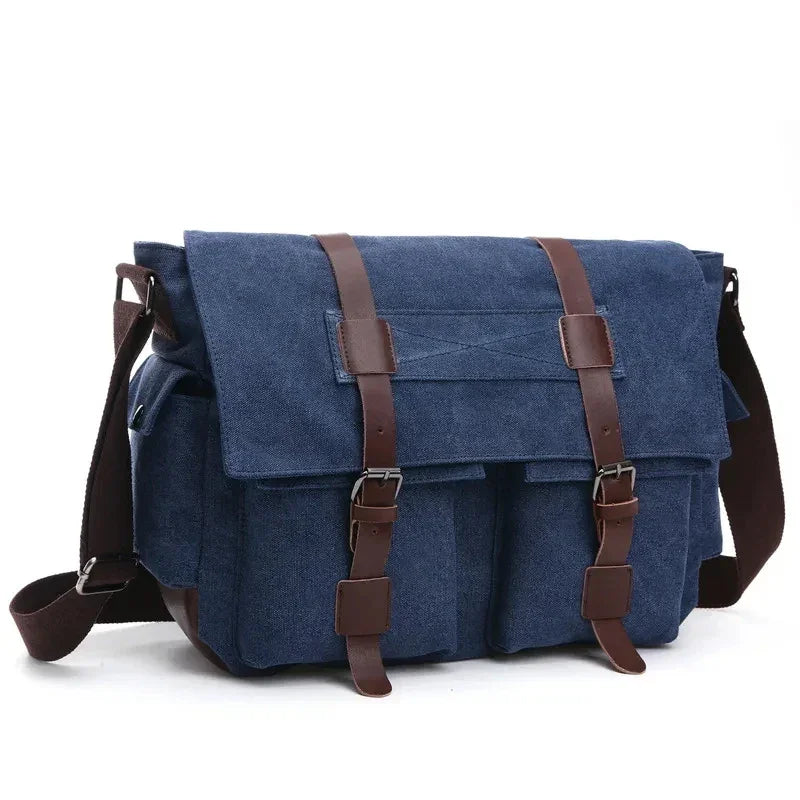 Men’s Canvas Messenger Bag - Dual Buckle Flap Work Bag - Blue