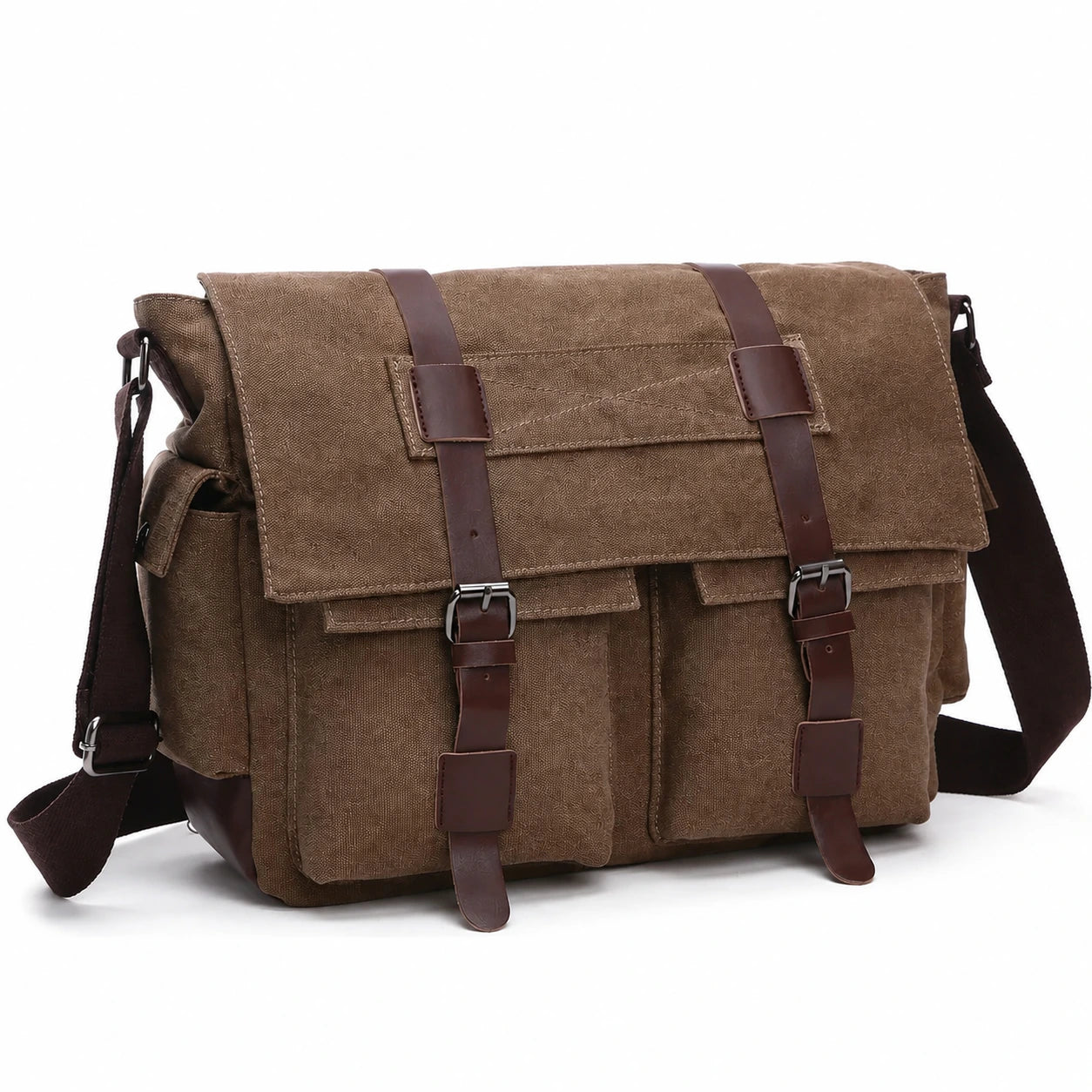 Men’s Canvas Messenger Bag - Dual Buckle Flap Work Bag - Coffee