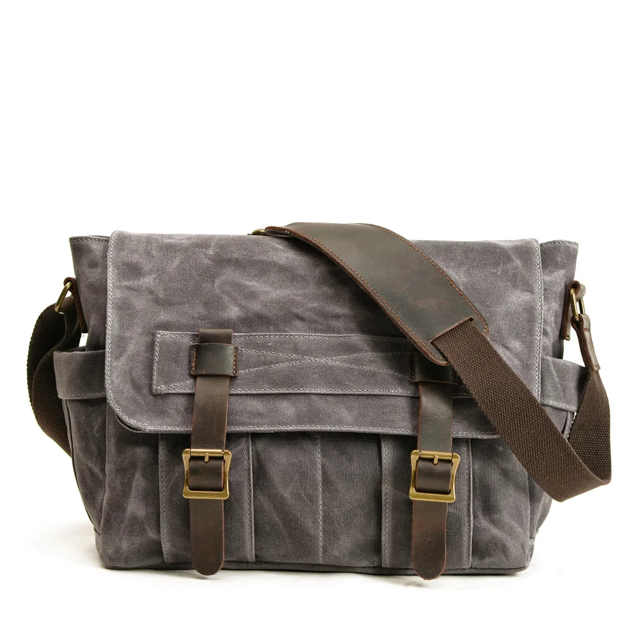Men’s Canvas Messenger Bag - Dual Buckle Leather Trim - Dark gray