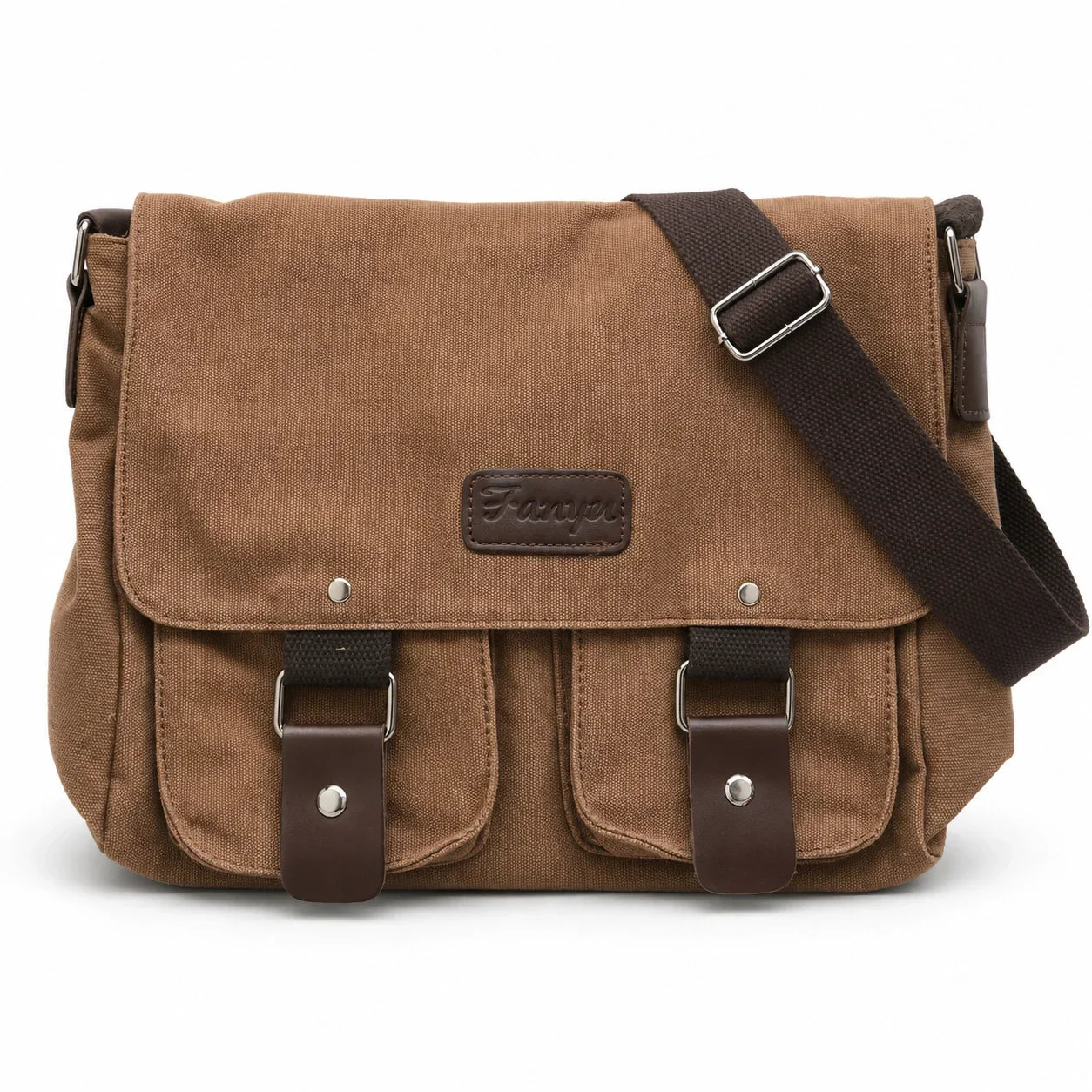 Men’s Canvas Messenger Bag – Flap Work Bag with Front Pockets - Brown