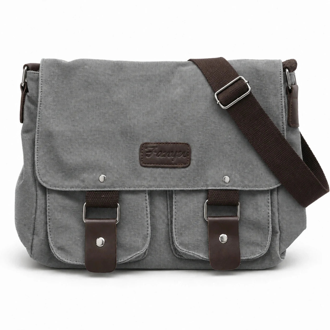Men’s Canvas Messenger Bag – Flap Work Bag with Front Pockets - Grey