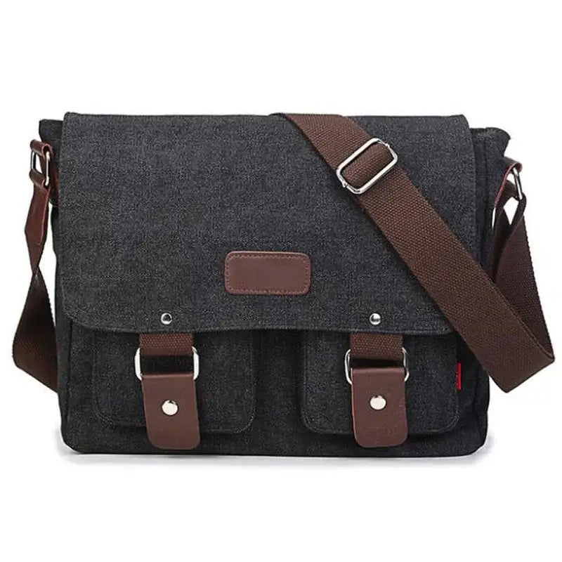Men’s Canvas Messenger Bag – Flap Work Bag with Front Pockets - Black