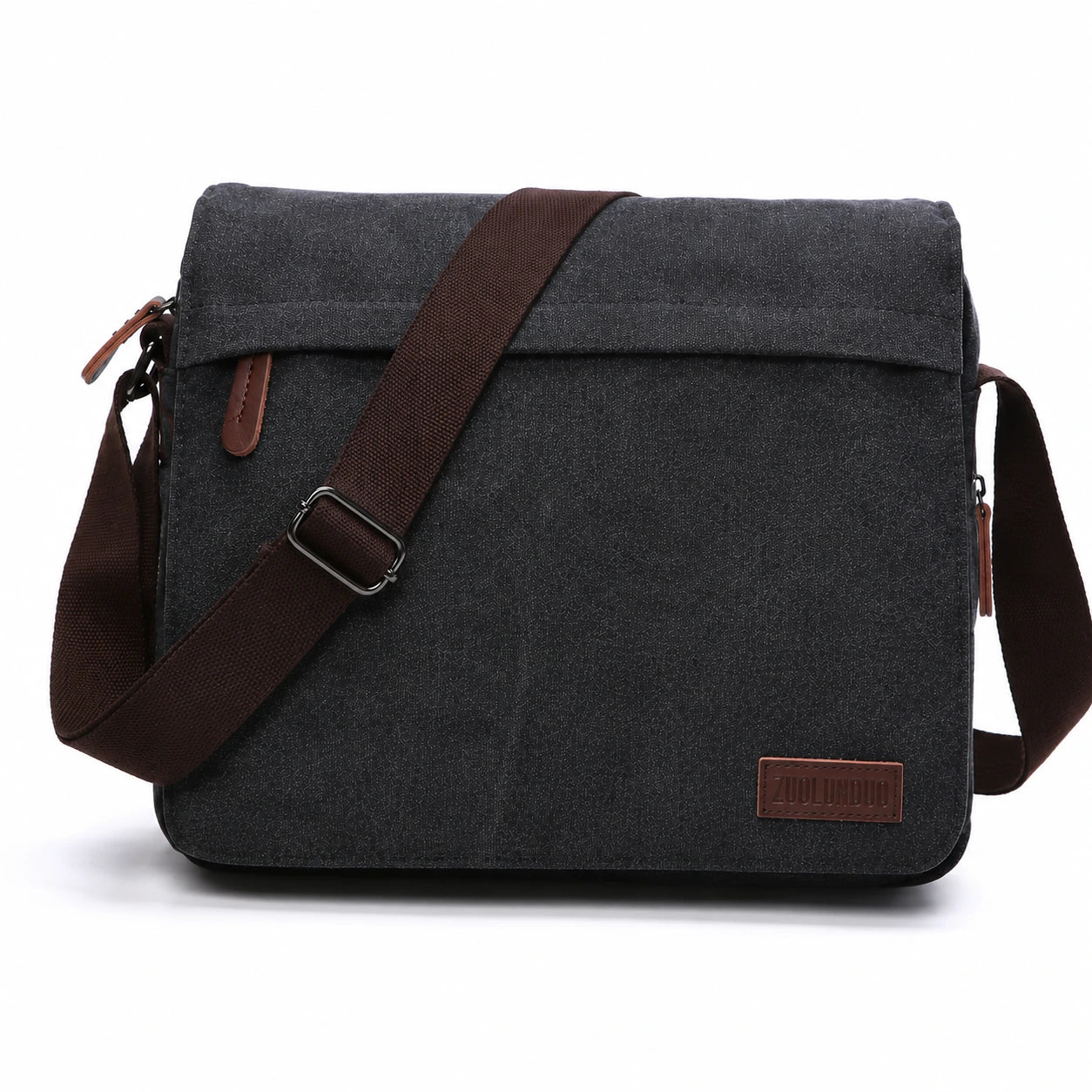 Men’s Canvas Messenger Bag - Large Buckle Flap Satchel - Black