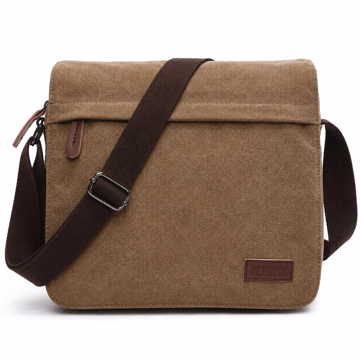 Men’s Canvas Messenger Bag - Large Buckle Flap Satchel - Coffee