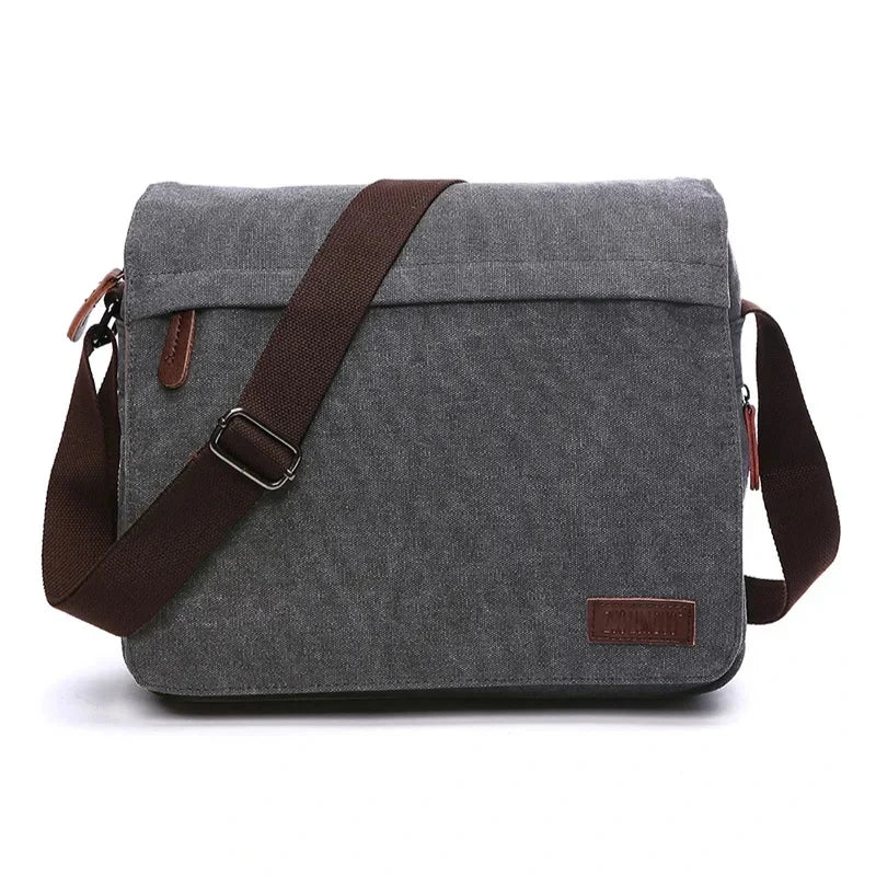 Men’s Canvas Messenger Bag - Large Buckle Flap Satchel - Gray