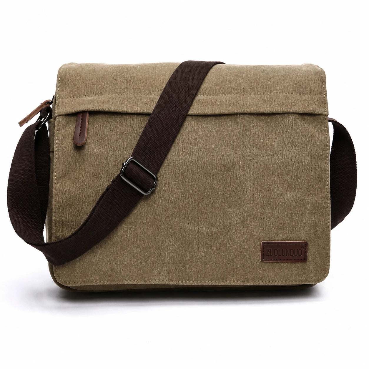 Men’s Canvas Messenger Bag - Large Buckle Flap Satchel - khaki
