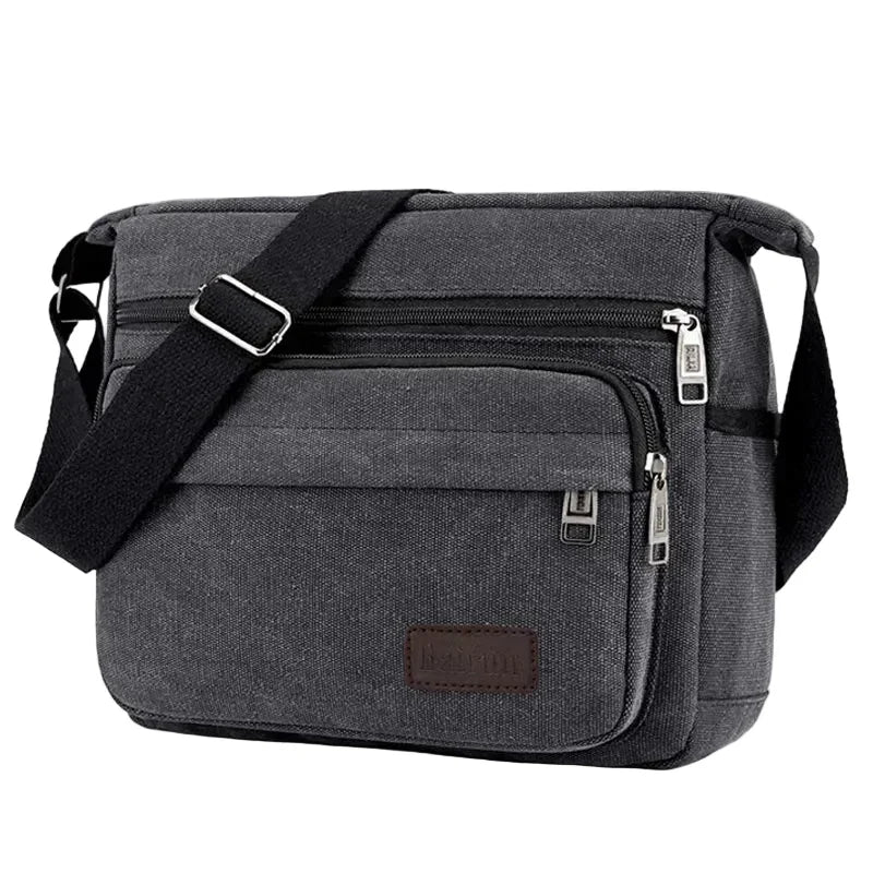 Men’s Canvas Messenger Bag - Multi-Pocket Crossbody Carry - Black