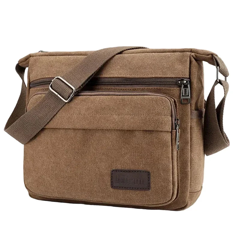 Men’s Canvas Messenger Bag - Multi-Pocket Crossbody Carry - Coffee