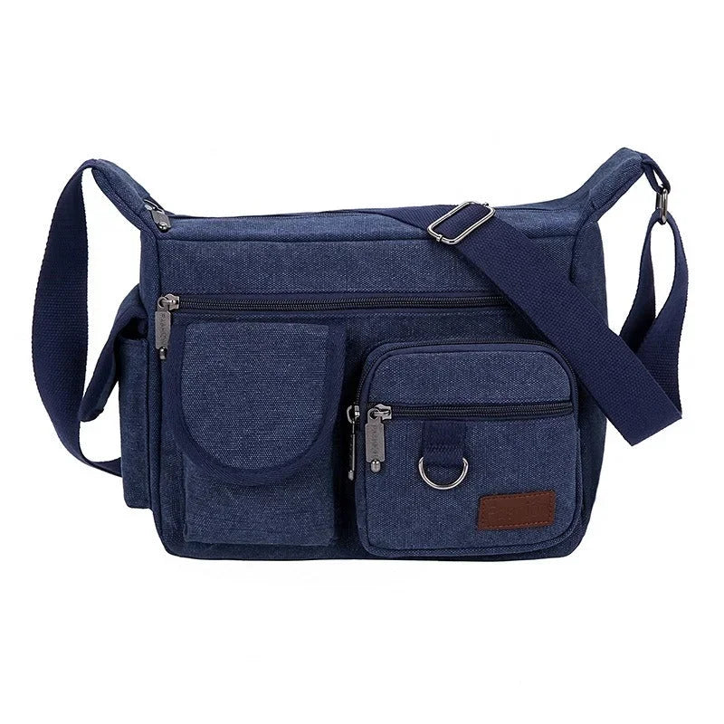 Men’s Canvas Messenger Bag - Multi-Pocket Shoulder Organizer - Blue