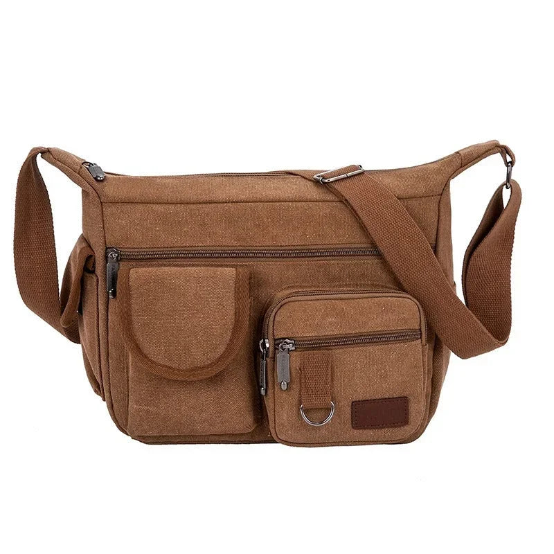 Men’s Canvas Messenger Bag - Multi-Pocket Shoulder Organizer - Brown