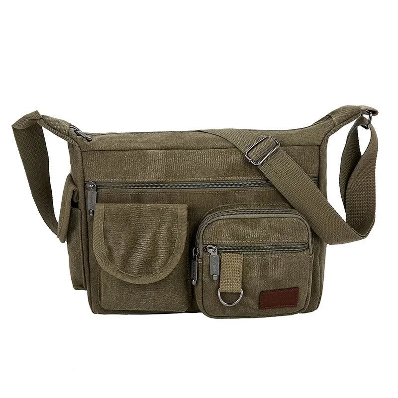 Men’s Canvas Messenger Bag - Multi-Pocket Shoulder Organizer - Green