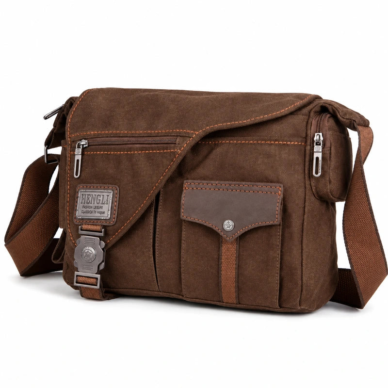 Men’s Canvas Messenger Bag - Multi Pocket Zip Flap Design