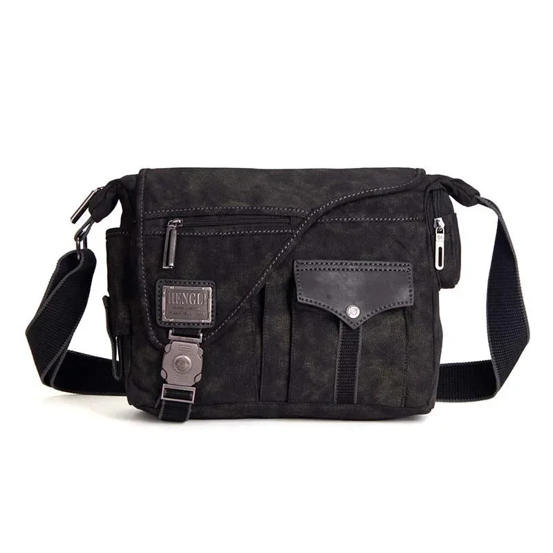 Men’s Canvas Messenger Bag - Multi Pocket Zip Flap Design - Black