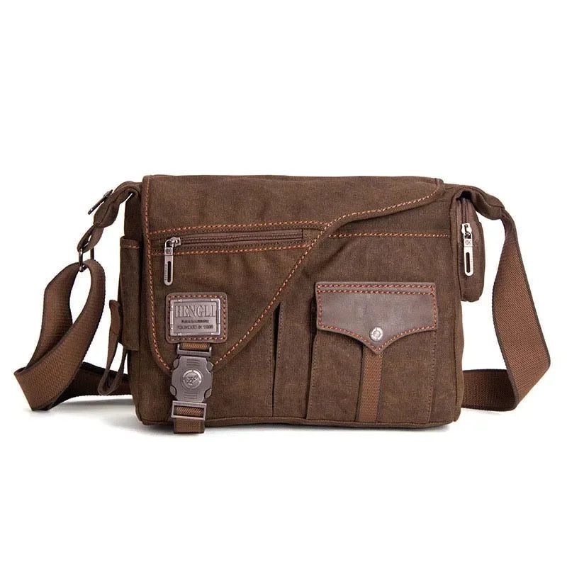Men’s Canvas Messenger Bag - Multi Pocket Zip Flap Design - Brown