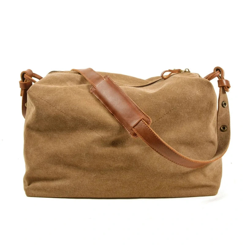 Men’s Canvas Messenger Bag - Round Barrel Design - Khaki