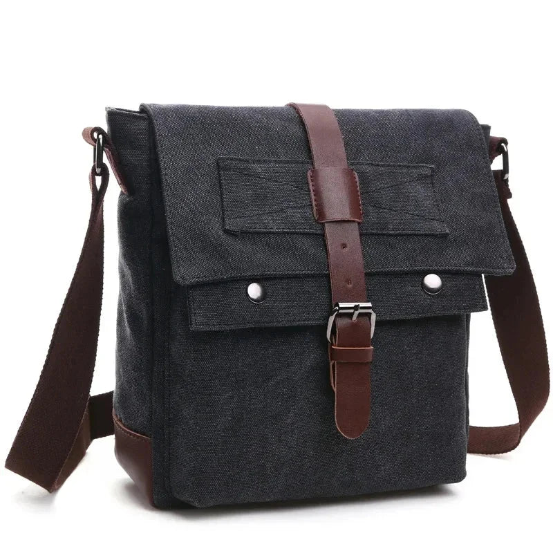 Men’s Canvas Messenger Bag - Vintage Multi-Pocket Shoulder Bag - Black