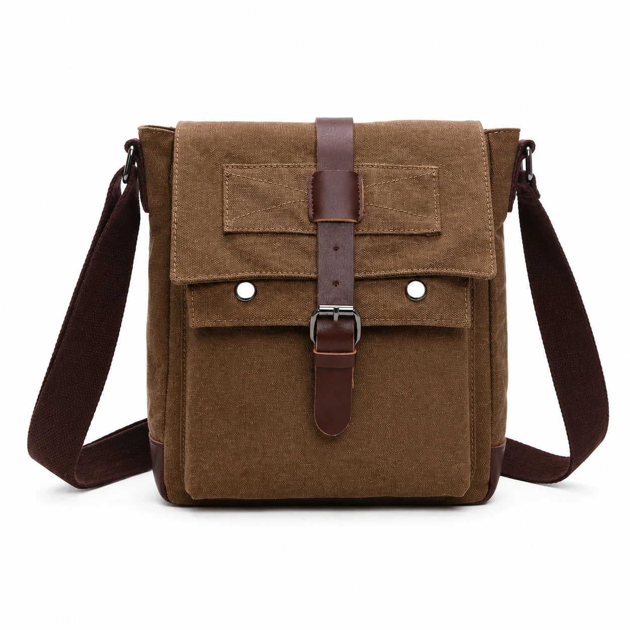 Men’s Canvas Messenger Bag - Vintage Multi-Pocket Shoulder Bag - Coffee