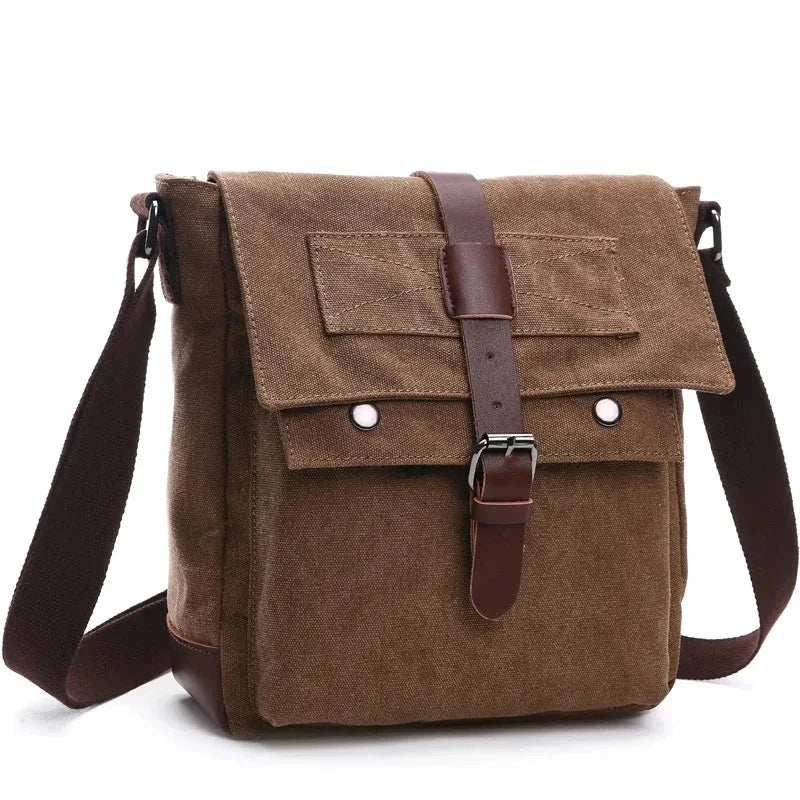 Men’s Canvas Messenger Bag - Vintage Multi-Pocket Shoulder Bag - Coffee