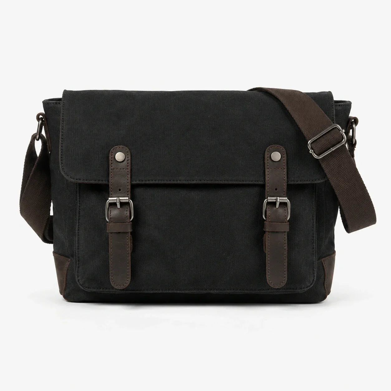 Men’s Canvas Messenger Bag – Vintage Work Bag with Leather Straps - Black