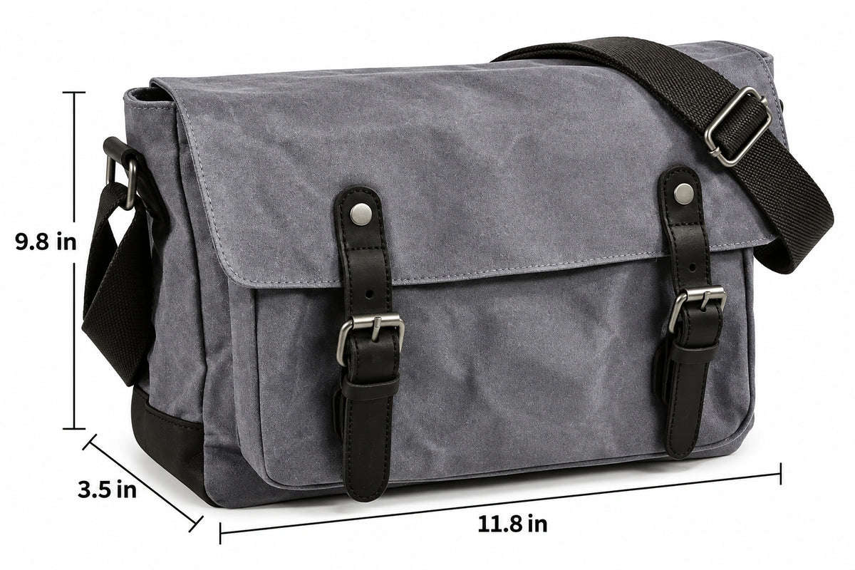 Men’s Canvas Messenger Bag – Vintage Work Bag with Leather Straps