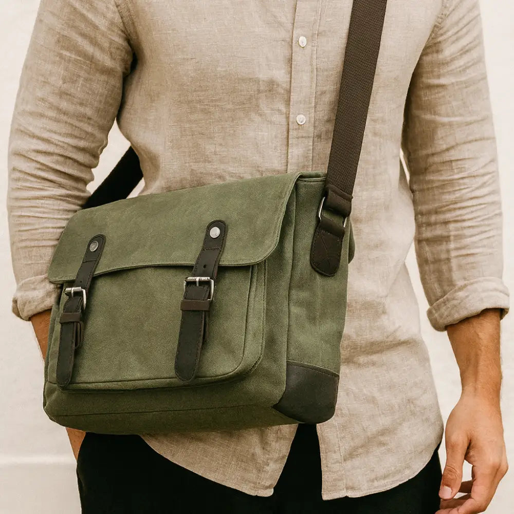 Men’s Canvas Messenger Bag – Vintage Work Bag with Leather Straps