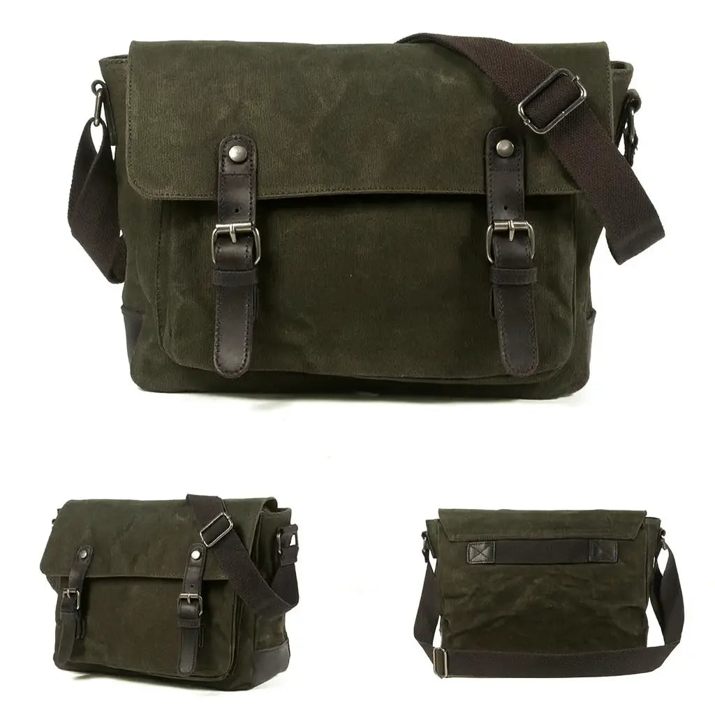Men’s Canvas Messenger Bag – Vintage Work Bag with Leather Straps