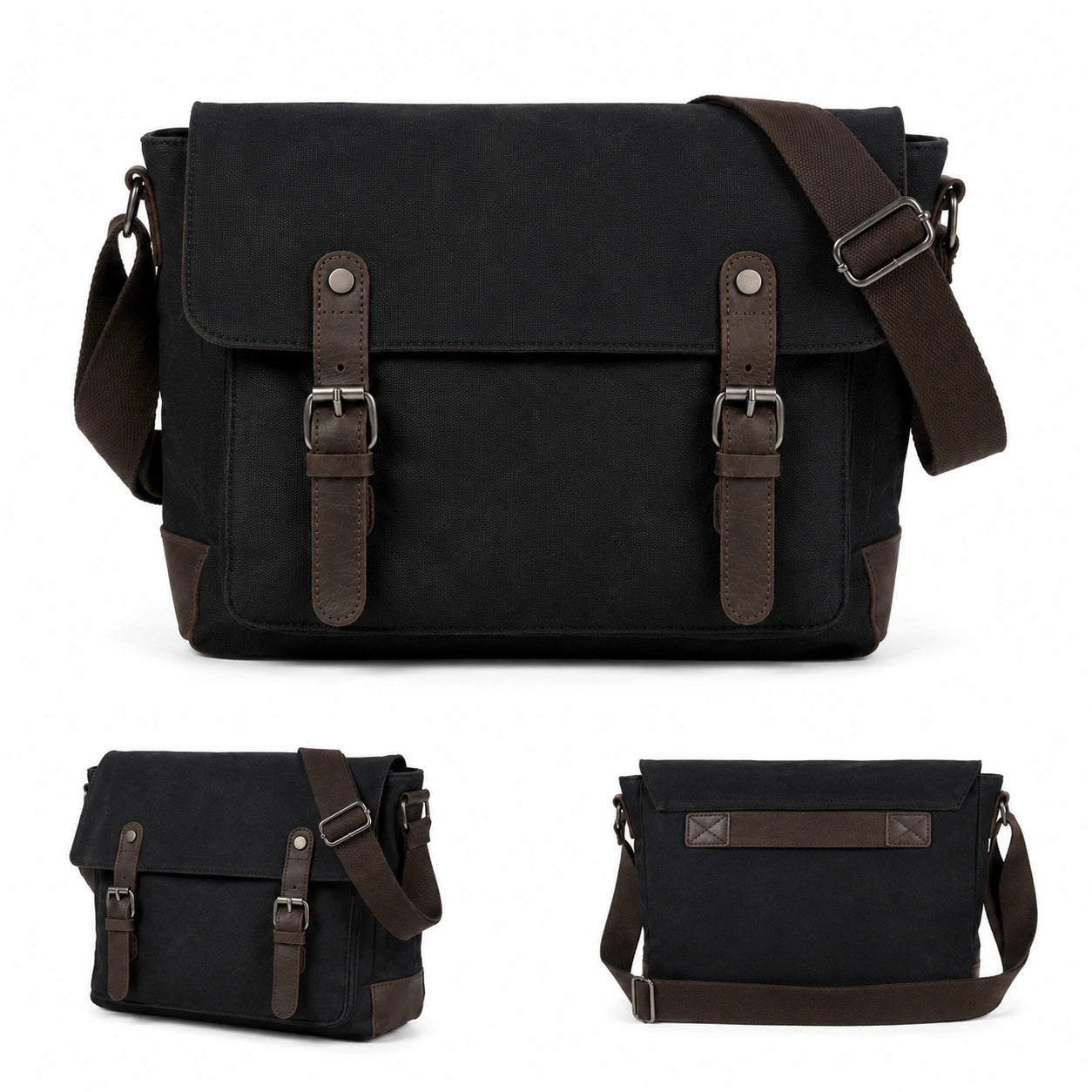 Men’s Canvas Messenger Bag – Vintage Work Bag with Leather Straps