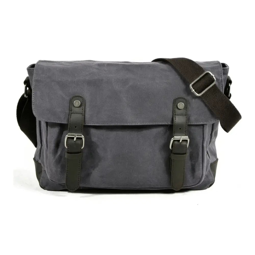 Men’s Canvas Messenger Bag – Vintage Work Bag with Leather Straps - Grey