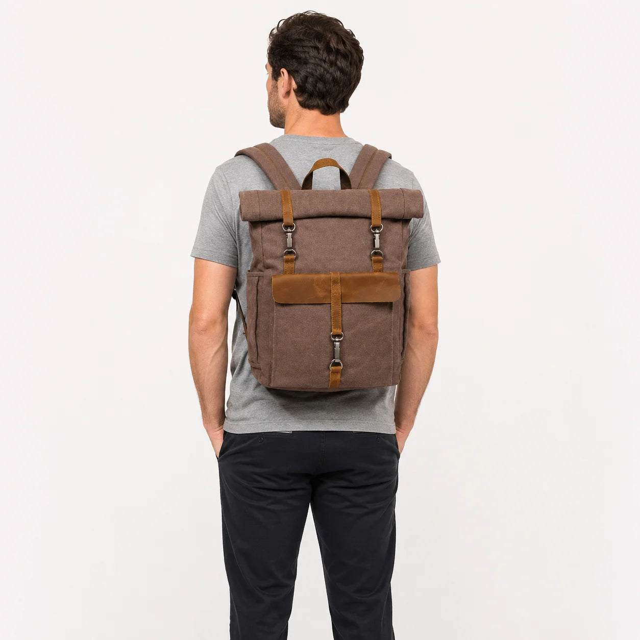 Men’s Canvas Roll-Top Backpack - Leather Trim 16L