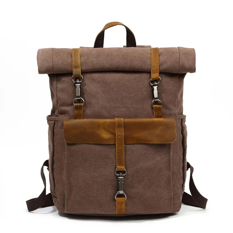 Men’s Canvas Roll-Top Backpack - Leather Trim 16L - Brown