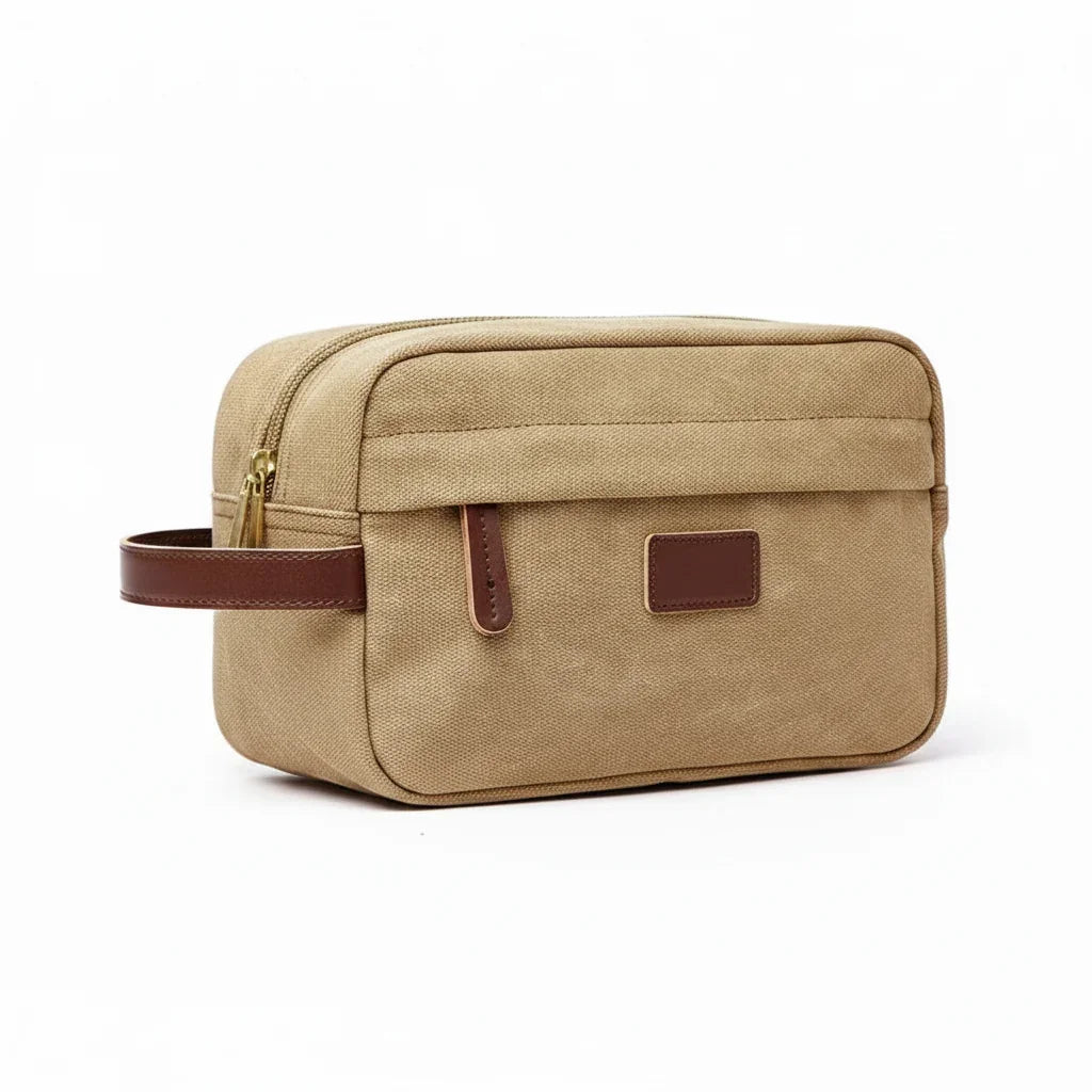 Men’s Canvas Toiletry Bag - Front Pocket Travel Kit - Beige