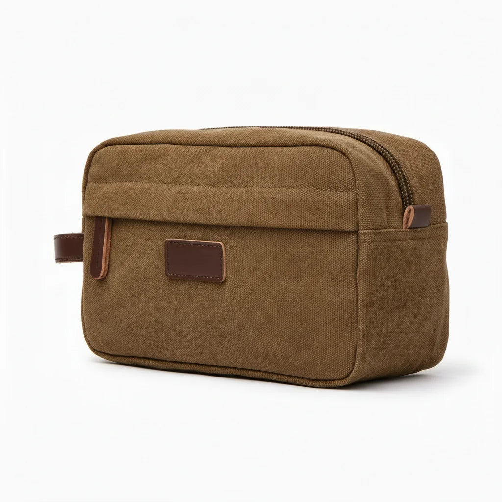 Men’s Canvas Toiletry Bag - Front Pocket Travel Kit - Brown