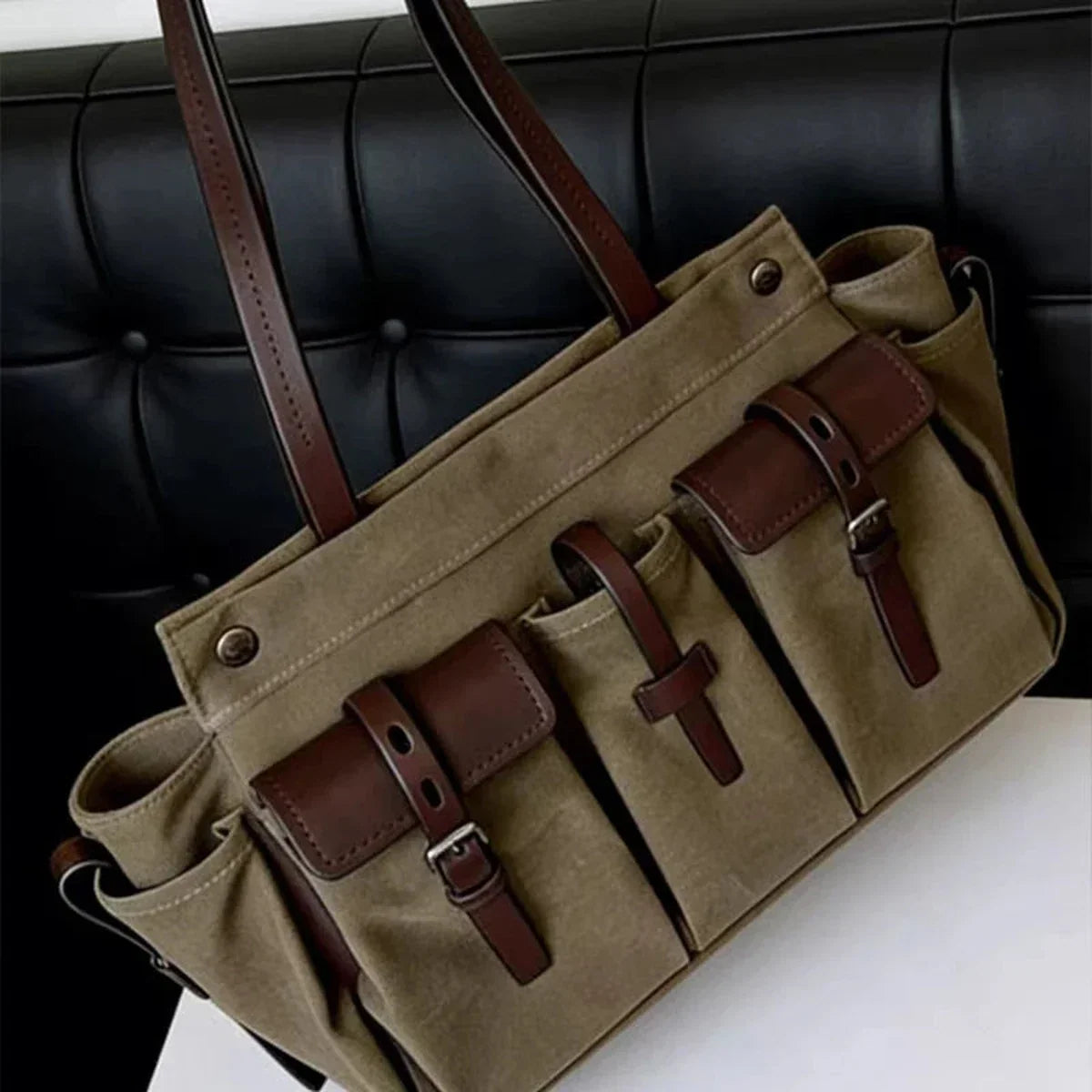 Canvas Tote with Pockets - Leather Trim Utility Shoulder Tote