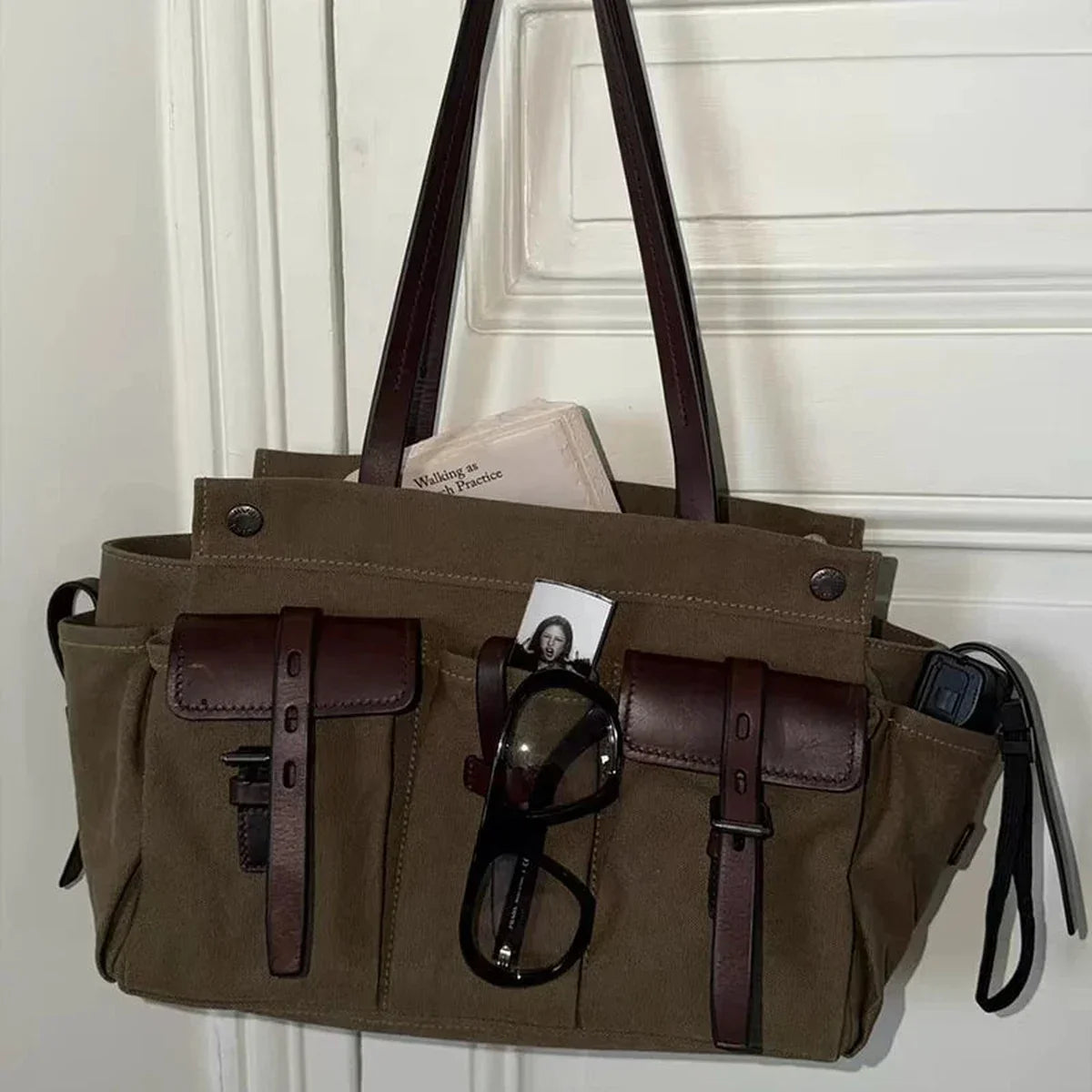 Canvas Tote with Pockets - Leather Trim Utility Shoulder Tote