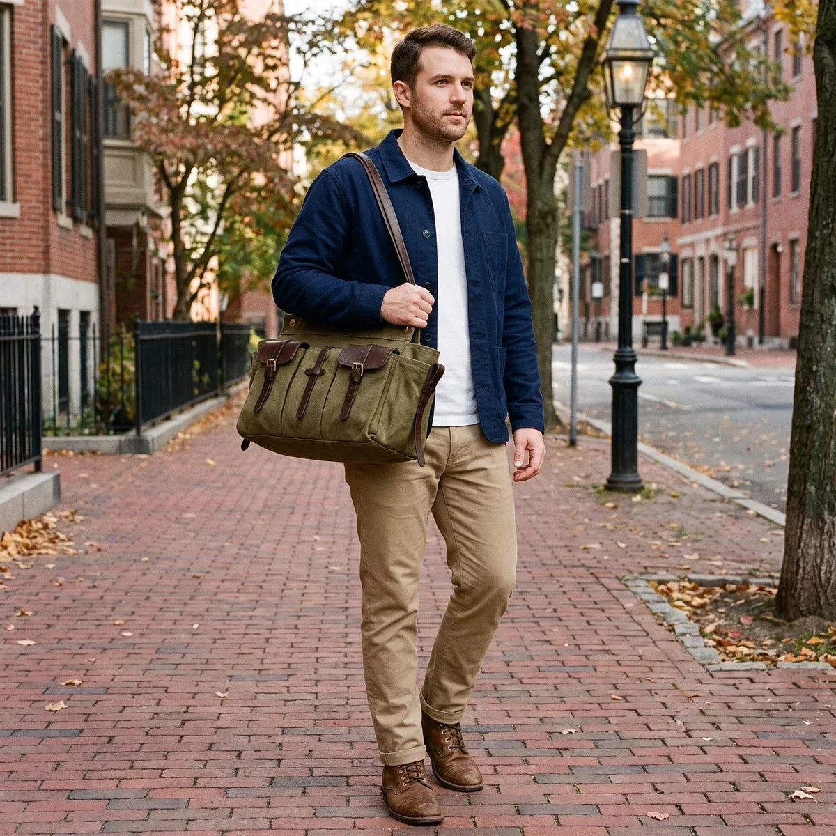 Canvas Tote with Pockets - Leather Trim Utility Shoulder Tote