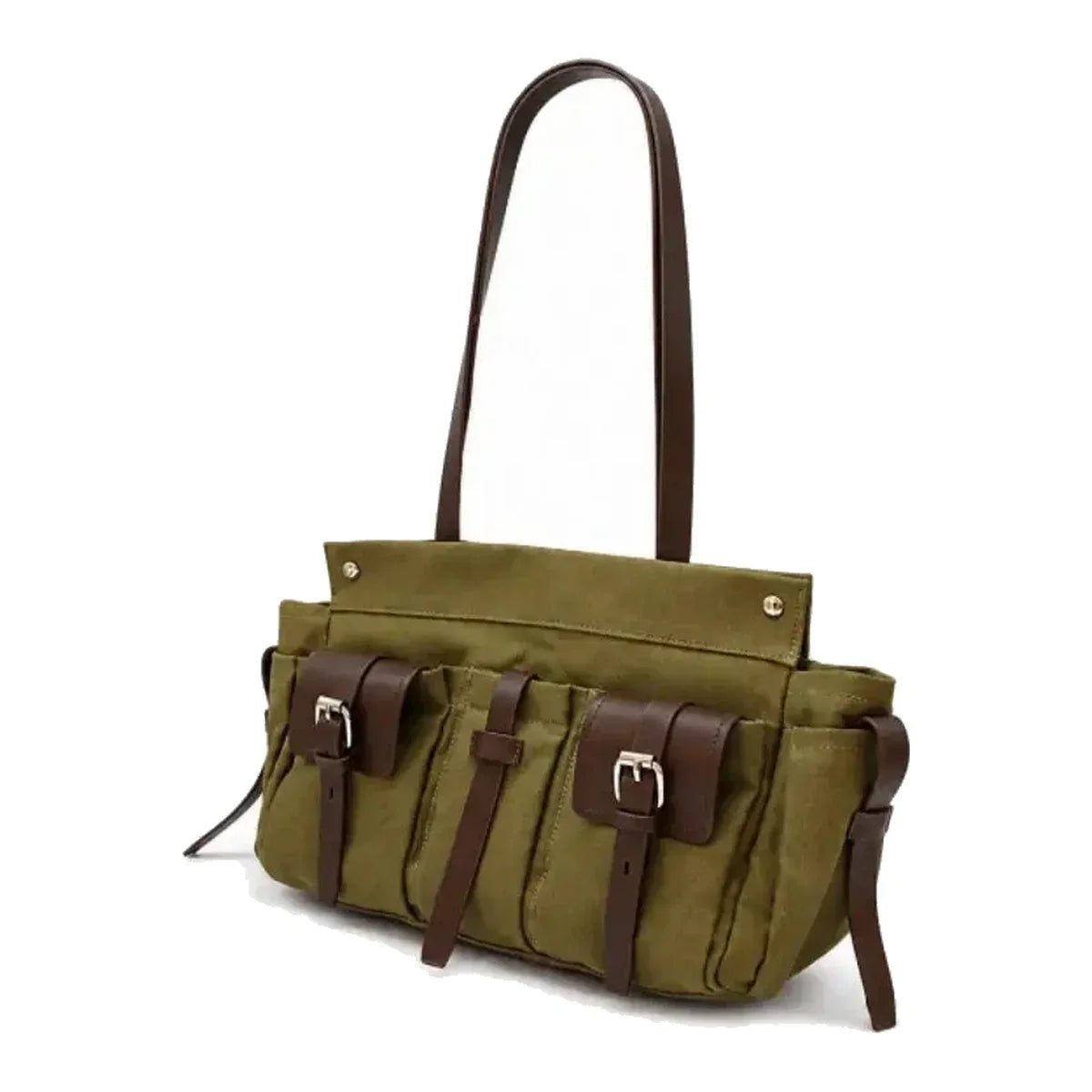 Canvas Tote with Pockets - Leather Trim Utility Shoulder Tote - Army Green