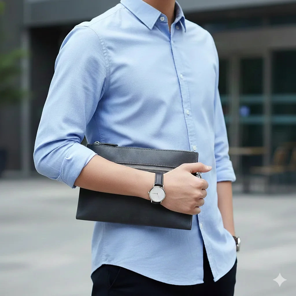 Men’s Clutch Bag - Wrist Strap Zip Pouch Organizer