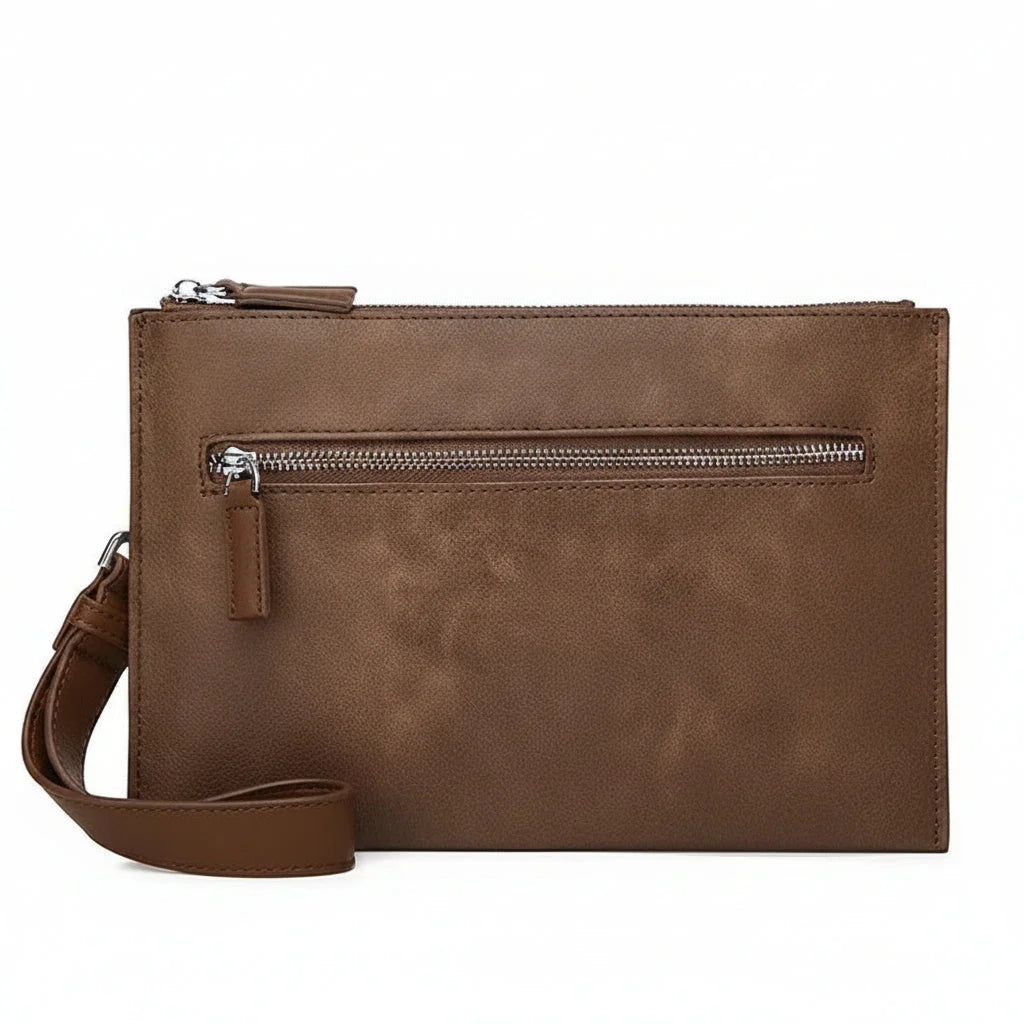 Men’s Clutch Bag - Wrist Strap Zip Pouch Organizer - Brown
