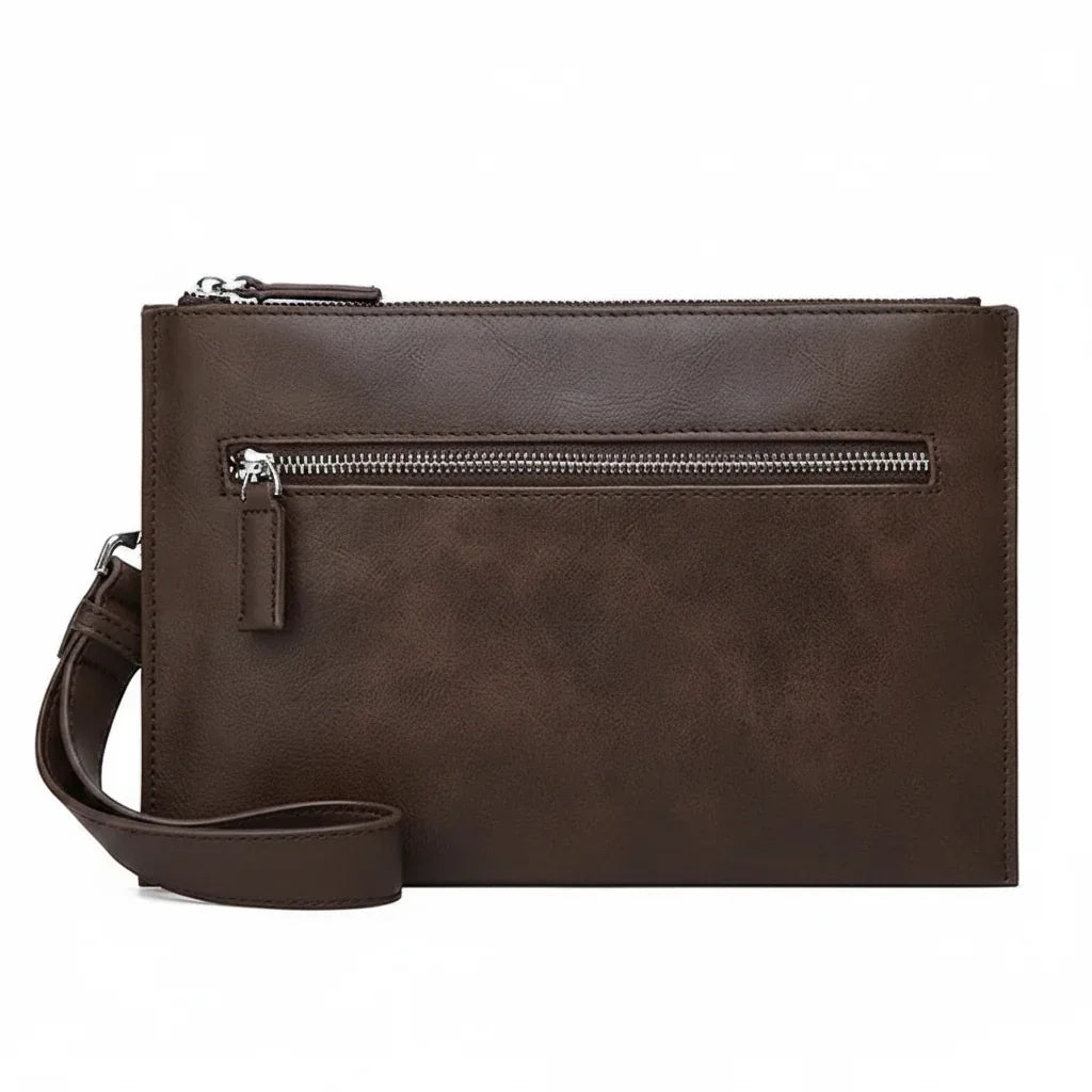 Men’s Clutch Bag - Wrist Strap Zip Pouch Organizer - Dark brown